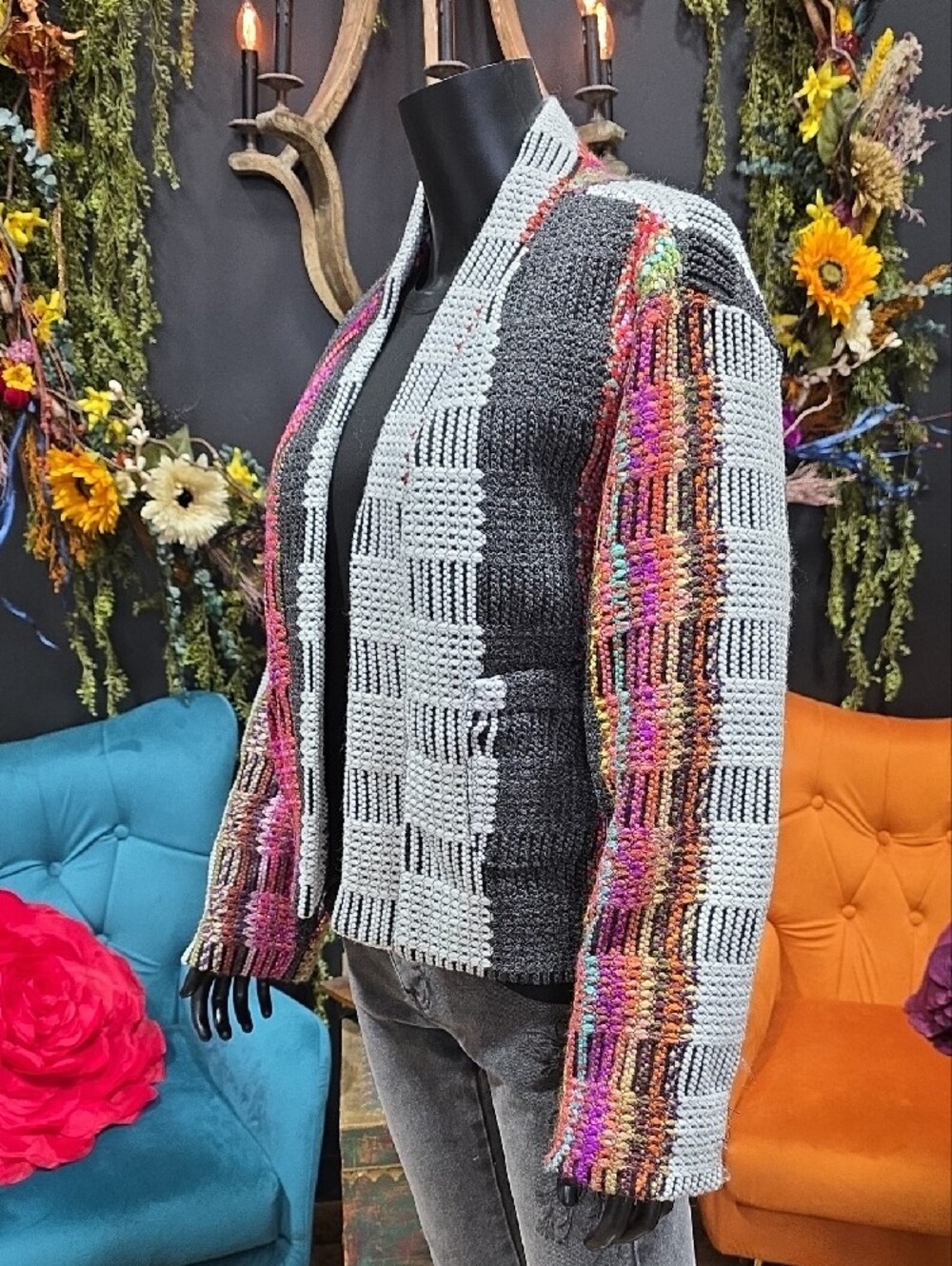 Colorblock Crochet Open-Front Jacket - Multi/Gray - Picture 4 of 11